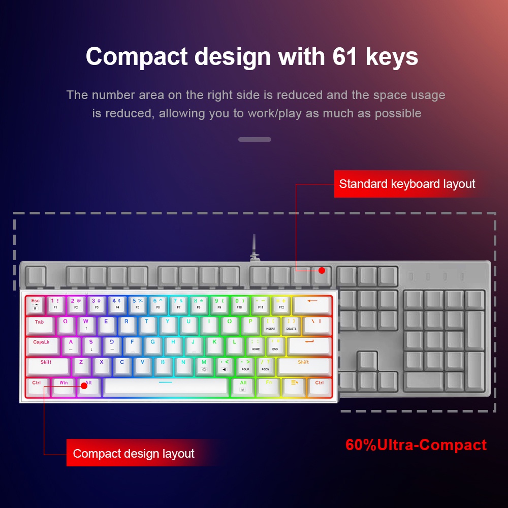 Bàn phím cơ Game Redragon Fizz K617RGB-PW Mini Kèm Dây Cáp 61 Có Thể Tháo Rời