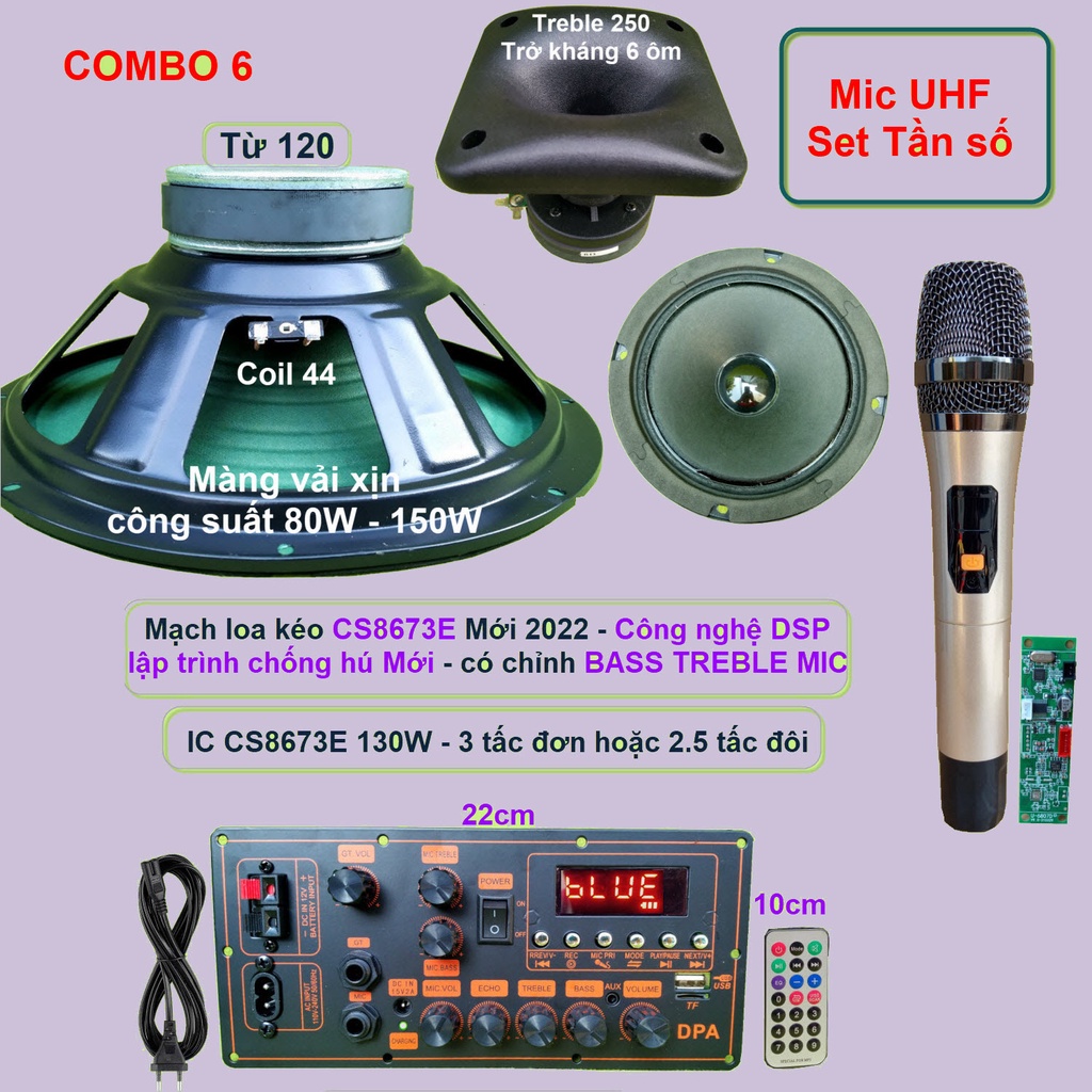 Mạch loa kéo 3 tấc đơn CS8673E 130W DSP lập trình chống hú có chỉnh Bass Treble Micro, nguồn xung 220V