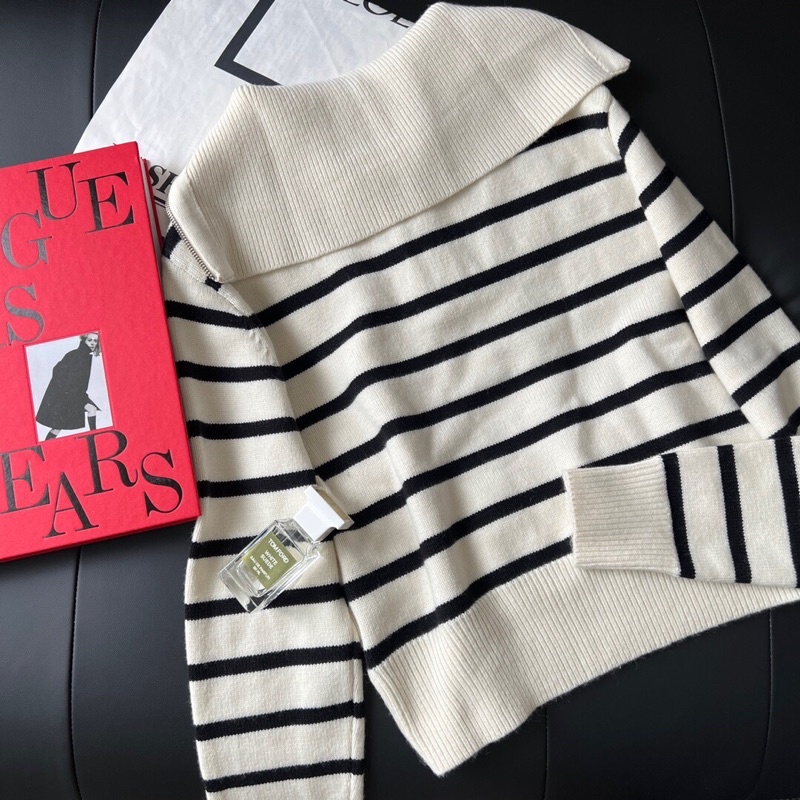 Áo len nữ cổ cao kéo khoá kẻ sọc thu đông thời trang cao cấp