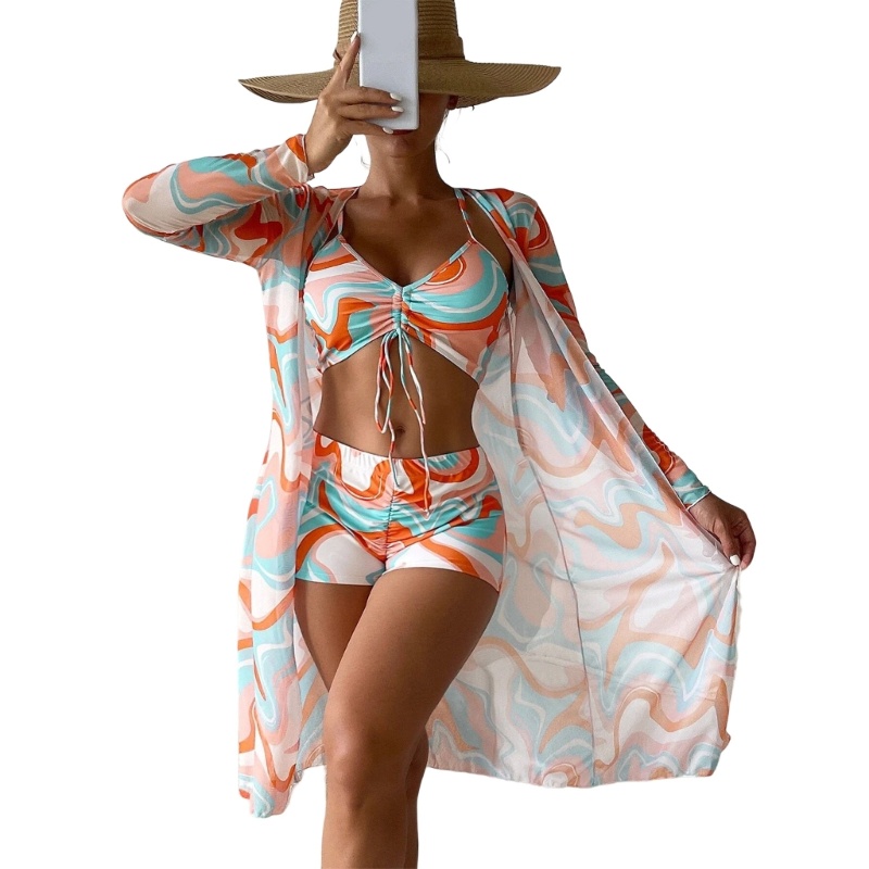 Bộ Đồ Bơi Bikini 3 Mảnh Lưng Cao Có Dây Rút In Họa Tiết Hoa Cho Nữ