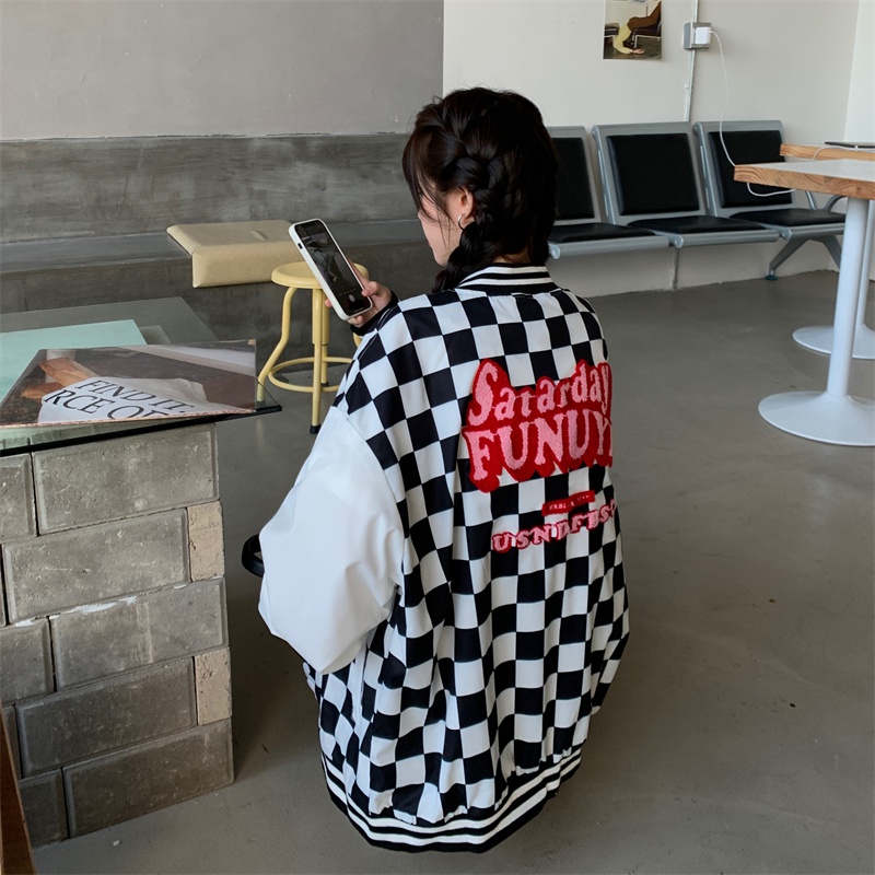 Áo Khoác Bóng Chày Dáng Rộng Kẻ Sọc Caro Thời Trang Mùa Thu Phong Cách Hàn Quốc