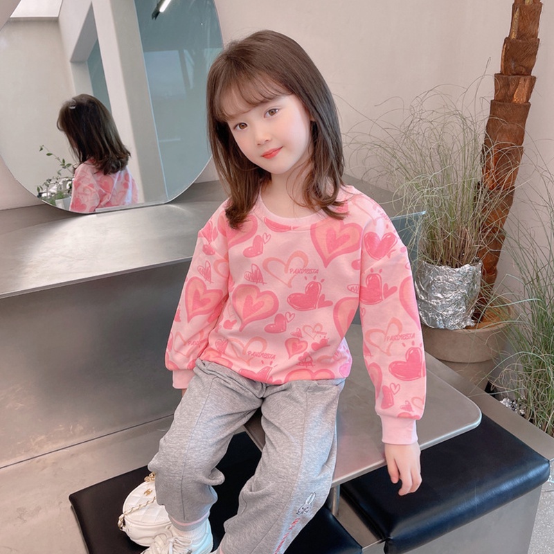 Áo Thun Hàn Quốc Họa Tiết Trái Tim Cho Bé Gái 1-9 Tuổi