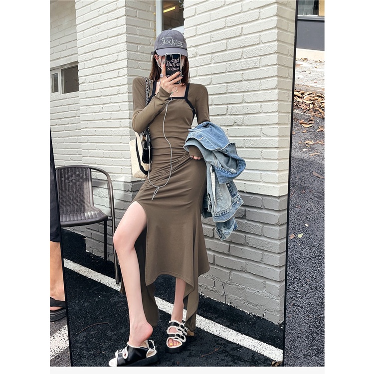 ZHELIHANGFEI Váy vuông tay dài cổ vuông không xẻ tà eo gợi cảm váy ôm sát hông bé gái dài váy dài