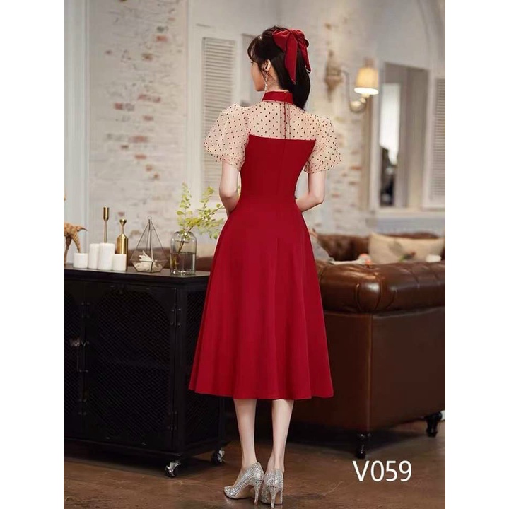 Váy đầm nữ dàng xòe dự tiệc tay bồng cổ tàu khoét ngực đính cườm phối voan bi xinh xắn