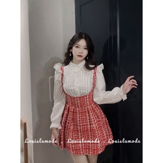 ( ảnh chính chủ ) Váy Yếm Dạ Đỏ Phối Sơ Mi Dài Tay