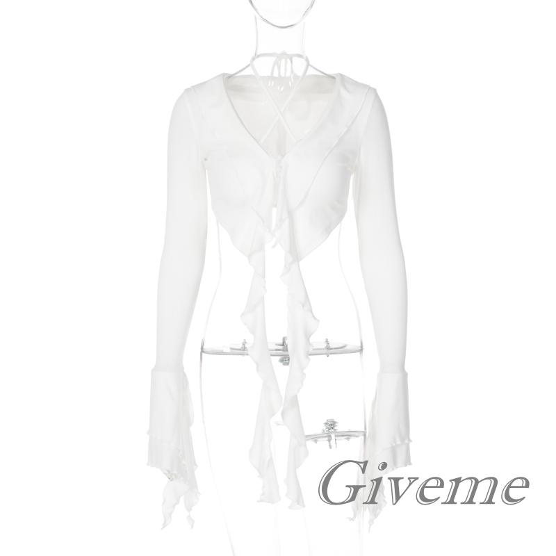 Áo Crop Top Nữ Tay Dài Cổ Chữ V Màu Trơn Thời Trang