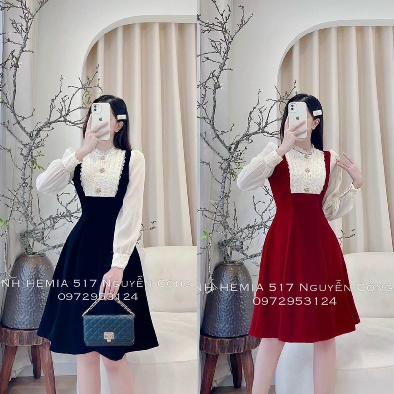 Váy dạ hội, đầm dự tiệc nhung phối cổ ren tay voan dáng dài mặc tết sang chảnh