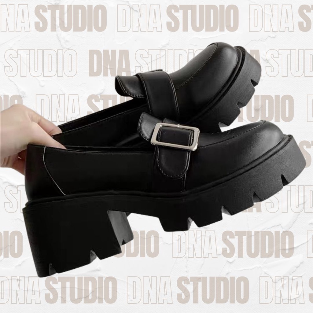 Giày loafer/ giày lười trang trí khoá kim loại màu bạc đế bánh mì cao 6.5 cm