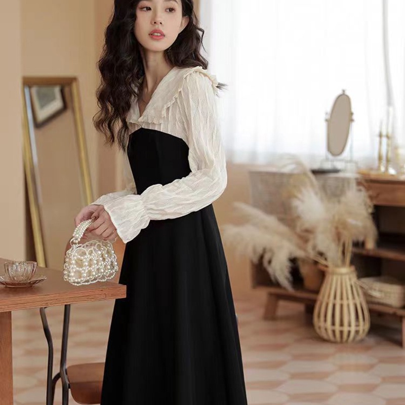 IELGYĐầm Đen Chiết Eo Phong Cách hepburn Quyến Rũ Cho Nữ