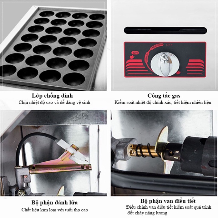 Máy làm bánh nhân bạch tuộc sử dụng gas khuôn 28 lỗ