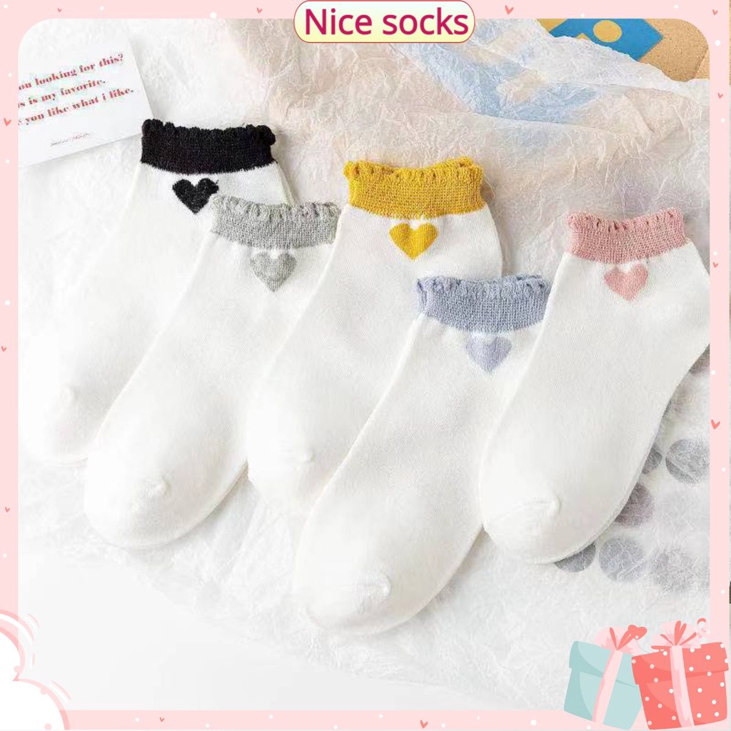 Tất Nữ, Vớ Nữ Cổ Ngắn Họa Tiết Hình Trái Tim Tone Màu Trắng Dễ Thương Vải Cotton Thoáng Khí