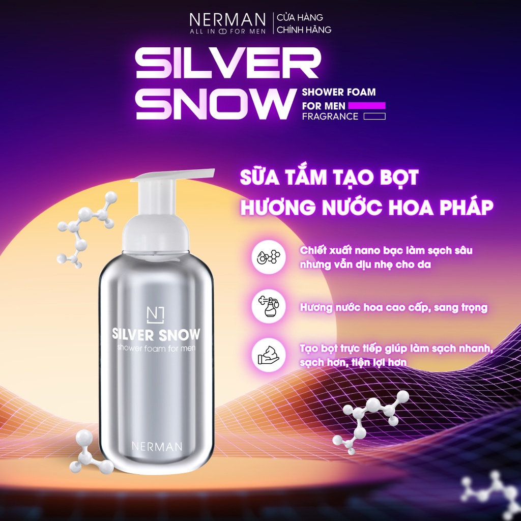 Sữa tắm nam giới Nerman Silver Snow tạo bọt Nano bạc hương nước hoa Pháp cao cấp 500g - Sản Phẩm Chính hãng