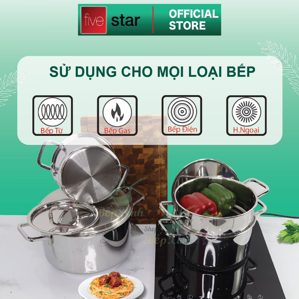 Bộ nồi 3 lớp đáy liền inox 304 cao cấp Fivestar Plus 4 món bếp từ nắp inox