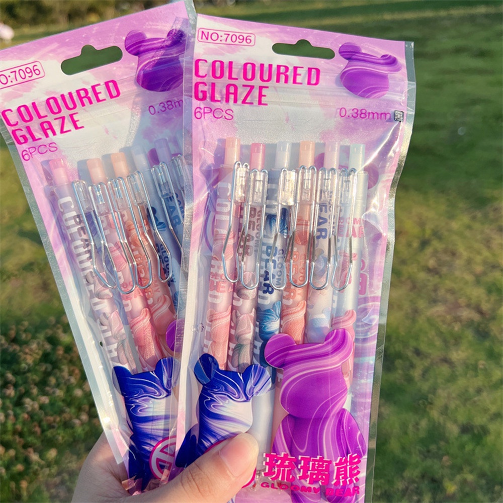 Set 6 Bút Mực Gel Ngòi Bút 0.5mm Mực Đen Có Thể Thu Gọn Họa Tiết Hoạt Hình Sáng Tạo