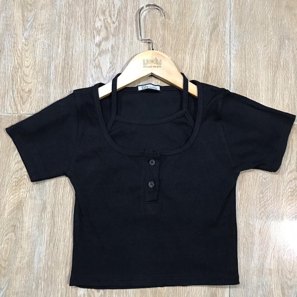 Áo Croptop Body Tay Ngắn , Cổ Vuông Kiểu Yếm, Khuya Cài …