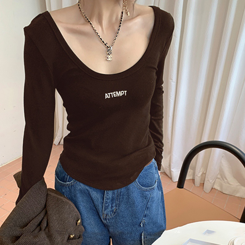 Áo Thun Nữ Dài Tay Cổ Chữ U Thêu Chữ Phong Cách Hàn Quốc