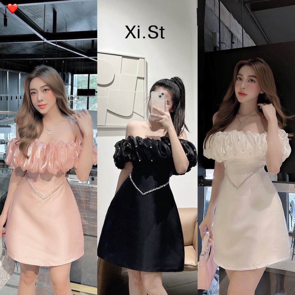 đầm trễ vai voan đính ngọc vai đính đá eo dáng xòe xinh
