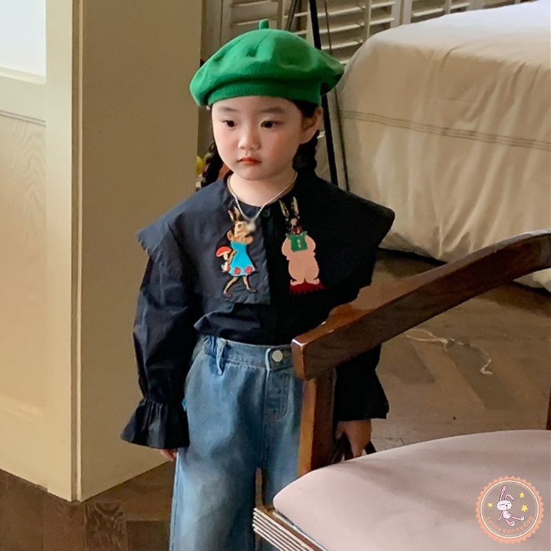 Áo Sơ Mi Tay Dài Cổ Bẻ Thêu Họa Tiết Hoạt Hình Màu Sắc Đơn Giản Thời Trang Cho Nữ