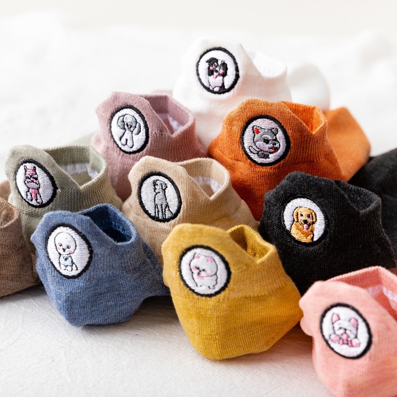 Vớ Thuyền Màu Trơn Thêu Họa Tiết Hoạt Hình Phong Cách Hàn Quốc Cho Cặp Đôi