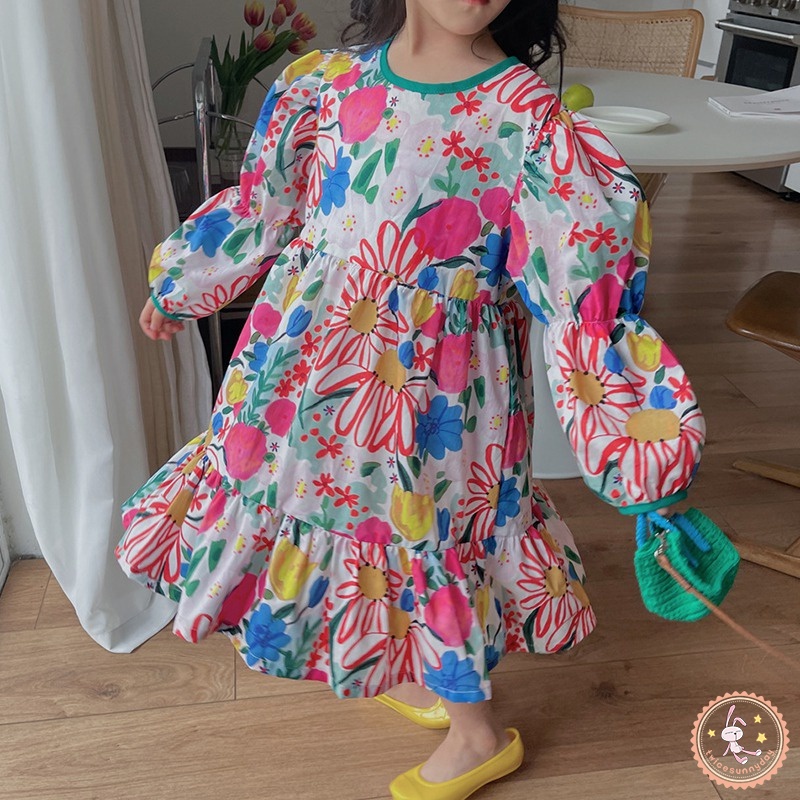 Đầm Hoa Tay Phồng Cổ Tròn Dáng Rộng Thời Trang Ngọt Ngào Cho Nữ