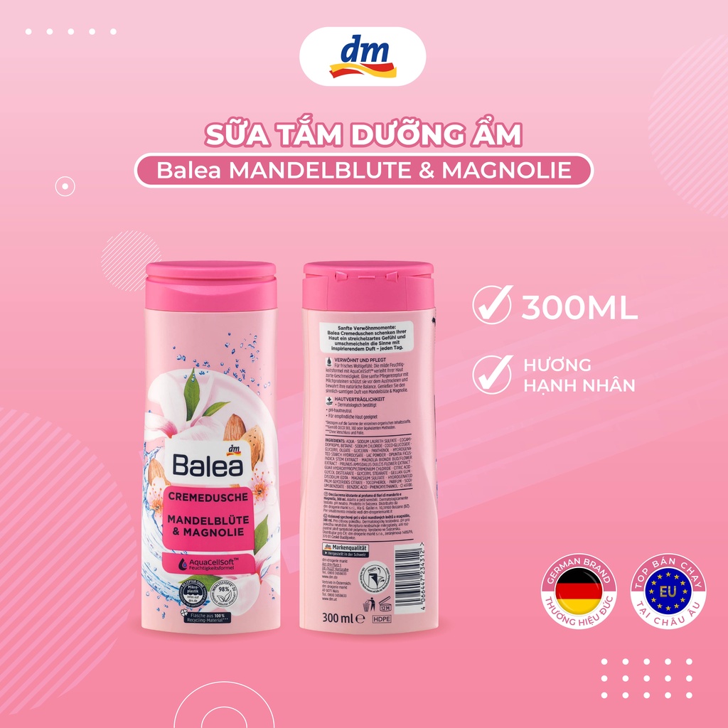 Sữa tắm BALEA dưỡng ẩm cho mọi loại da hương thơm vani và dừa, Cremedusche Vanille und Cocos 300ml - hàng nhập khẩu Đức