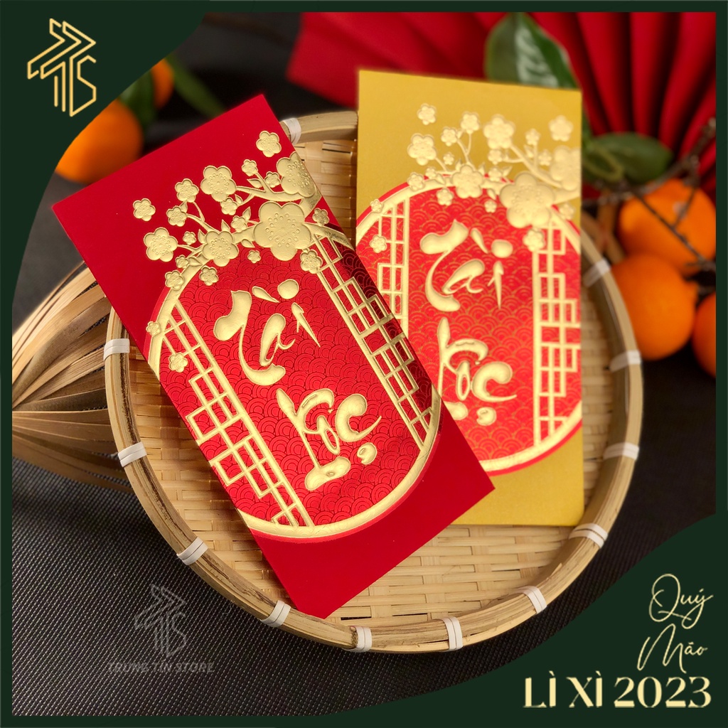 Lì xì đỏ chúc mừng, lì xì đi lễ ngụ ý Tài Lộc họa tiết cành mai vàng được ép kim, dập nổi tren giấy mỹ thuật