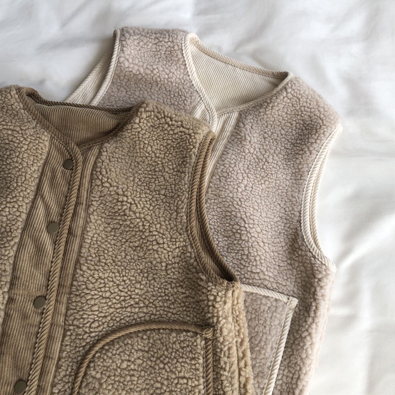 Áo gile nhung gân 2 mặt phối lông cừu siêu ấm