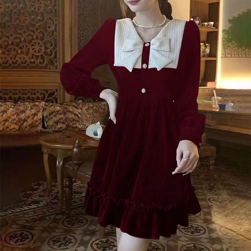 Đầm Ngắn Màu Đen Đính Nơ Phong Cách retro Pháp Thời Trang Thu Đông Cho Nữ