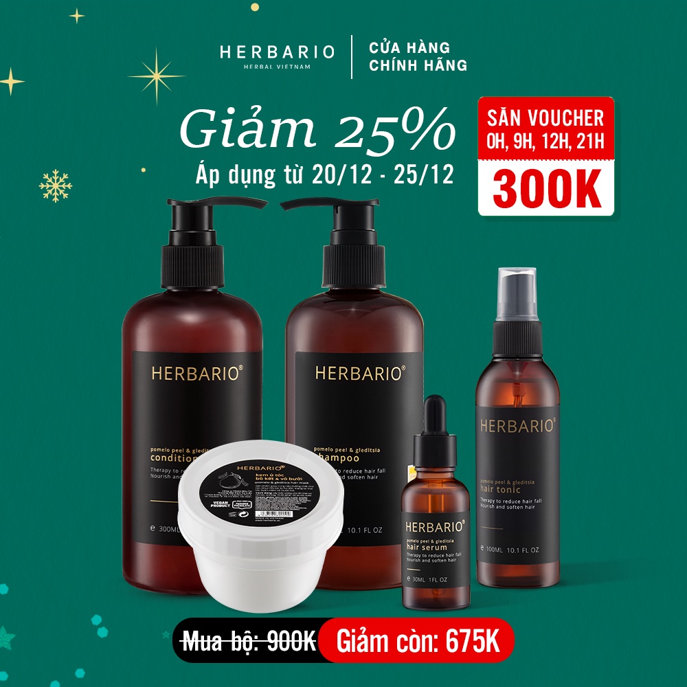 Bộ 5 chăm sóc tóc bồ kết vỏ bưởi herbario: Dầu gội 300ml + Dầu xả 300ml + Xịt dưỡng 100ml + Serum 30ml + Kem ủ tóc 200ml