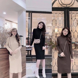 Váy cổ lọ 5 phân dáng suông dài tay chất thun gân mịn cổ cao