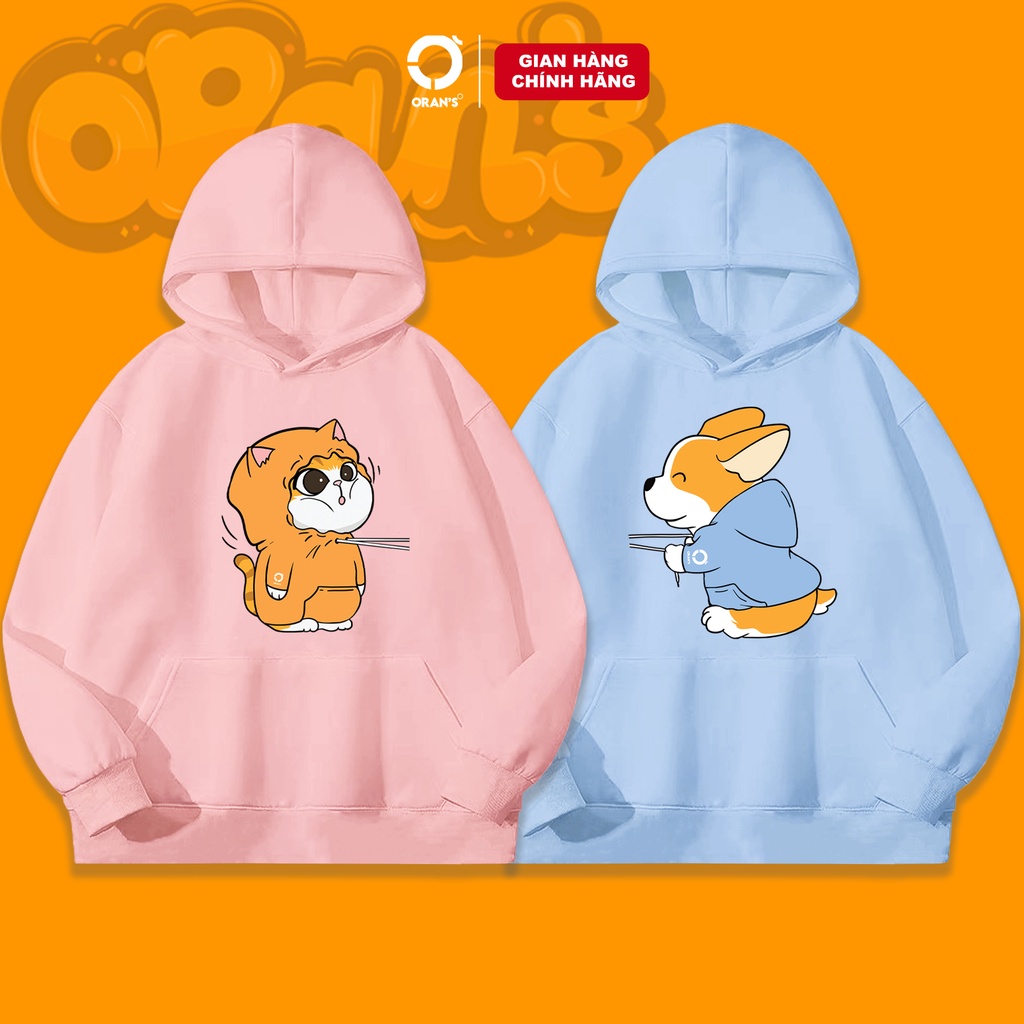 Áo Hoodie đôi in hình chó corgi và mèo 4 màu chất nỉ cotton lót bông cao cấp form rộng unisex - ORAN'S HOODIE COUPLE 15