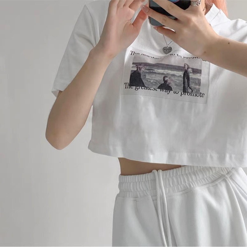 Áo croptop tay ngắn PINKSTORE29 cổ tròn, in hình tranh biển A5573