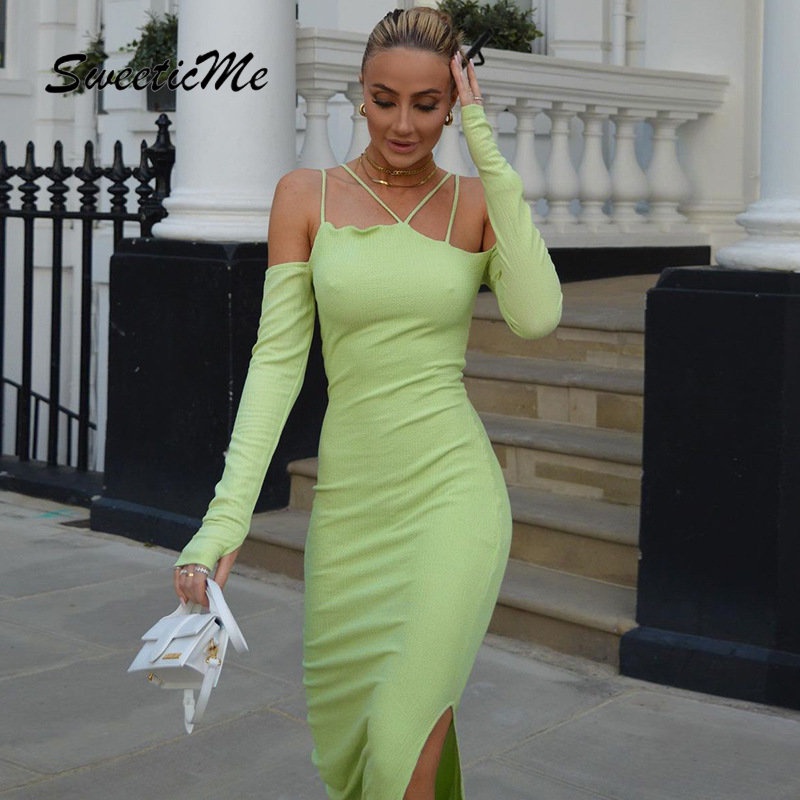 Đầm Tay Dài Hở Vai Màu Trơn Dáng Ôm Thời Trang   Dành Cho Bạn Nữ