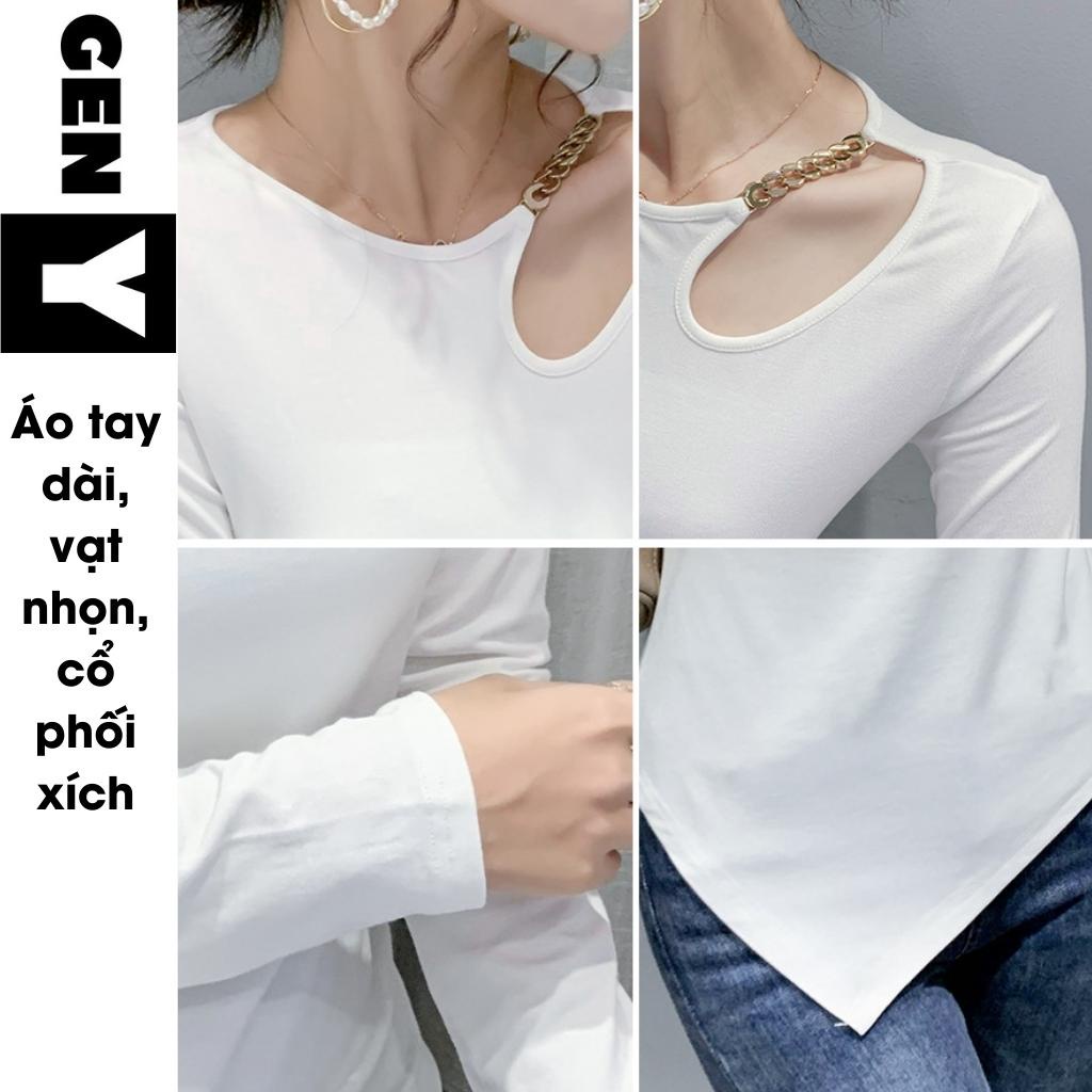 Áo tay dài nữ cổ phối xích GenY, Áo kiểu nữ dài tay vạt nhọn hack eo cực đỉnh chất thun gân mềm mịn