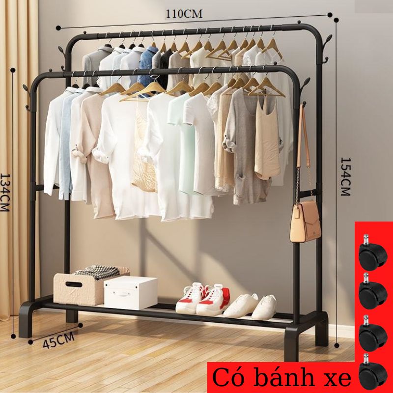 Giá Kệ treo quần áo khung thép cacbon đa năng có bánh xe móc treo đồ, kệ sào phơi quần áo thông minh có kệ để giày dép