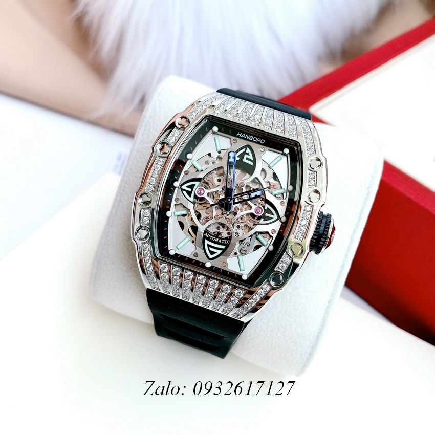 Đồng Hồ Nam Hanboro By Huboler Automatic Đính Pha Lê Silver Phá Cách Dây Silicone Đen 40x48mm Chính Hãng