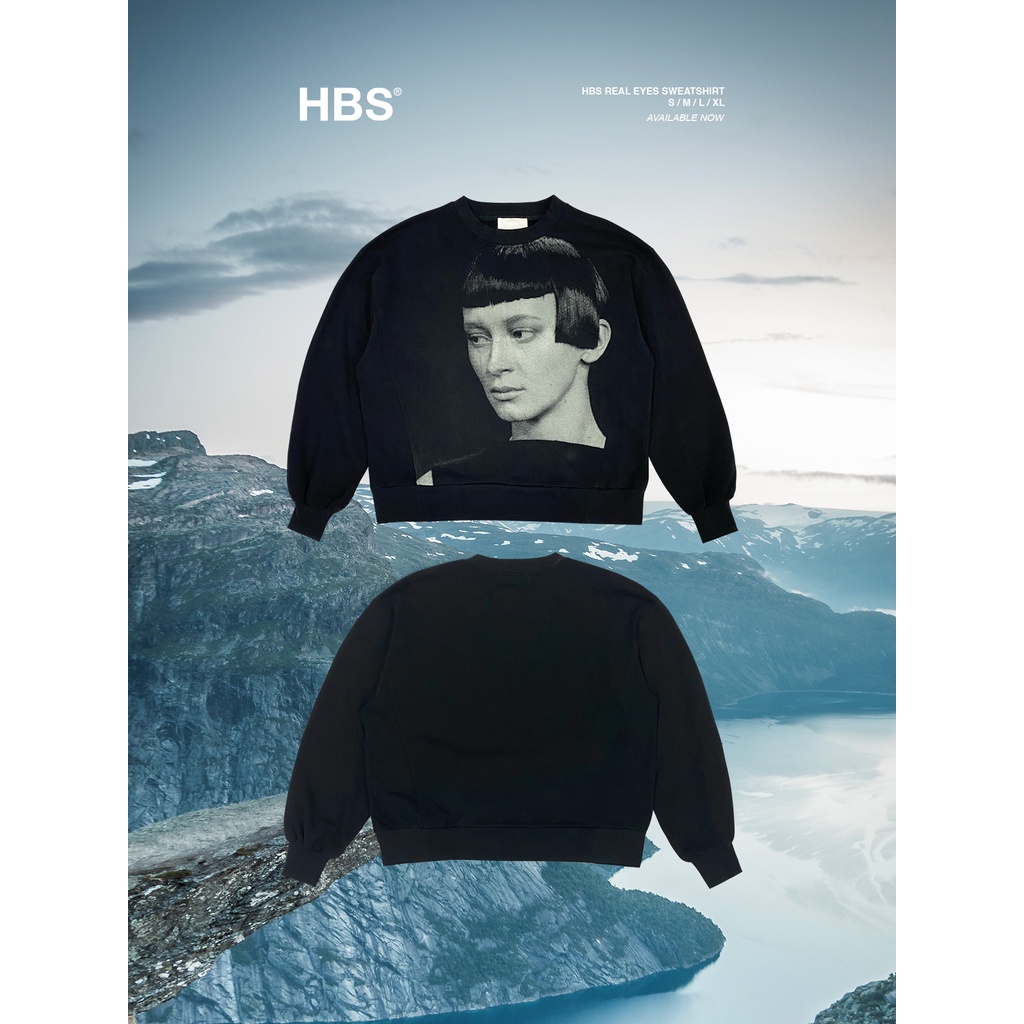Áo sweater đen nỉ da cá in hình HBS REAL EYES SWEATSHIRT