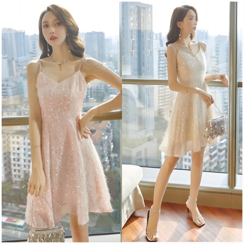 Đầm Trễ Vai Đính Kim Sa Lấp Lánh Phong Cách Quyến Rũ