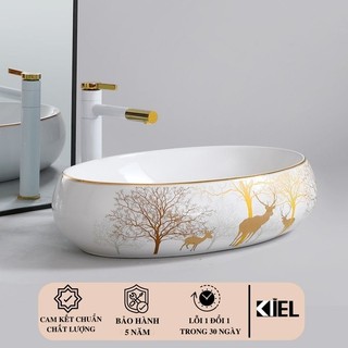 Chậu rửa mặt lavabo elip họa tiết hưu vầng men nano kháng khuẩn chính hãng , bảo hành 10 năm