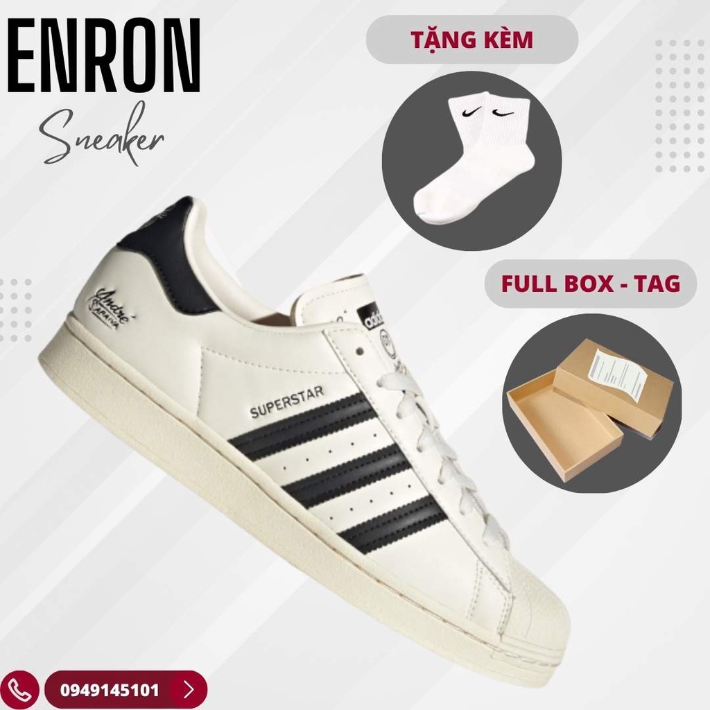 Giày Sneaker Adidas Superstar Chalk White Core Black, Giày Thể Thao Nam Nữ 3 Sọc Trắng Đen, Full Box + Free Tất Nike