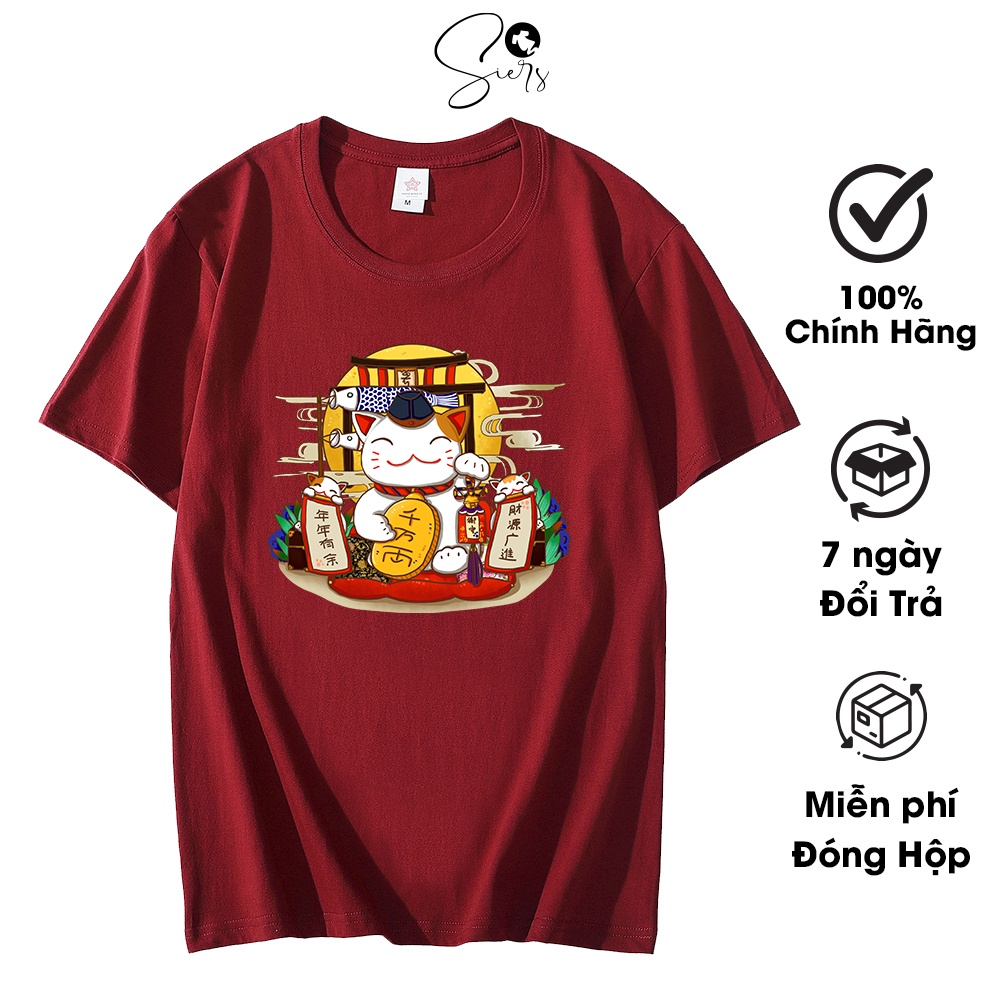 Áo thun tay lỡ nam nữ in hình mèo thần tài, vải cotton 10o% dày dặn, co dãn form rộng