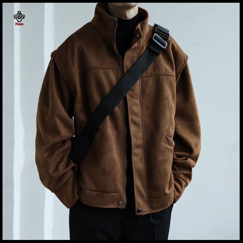 Chất lượng cao O kho C Áo Khoác Bóng Chày nam a 'o ma' o ma ng to Nm Bằng Da Lộn Màu Tối Thời Trang Thu Đông