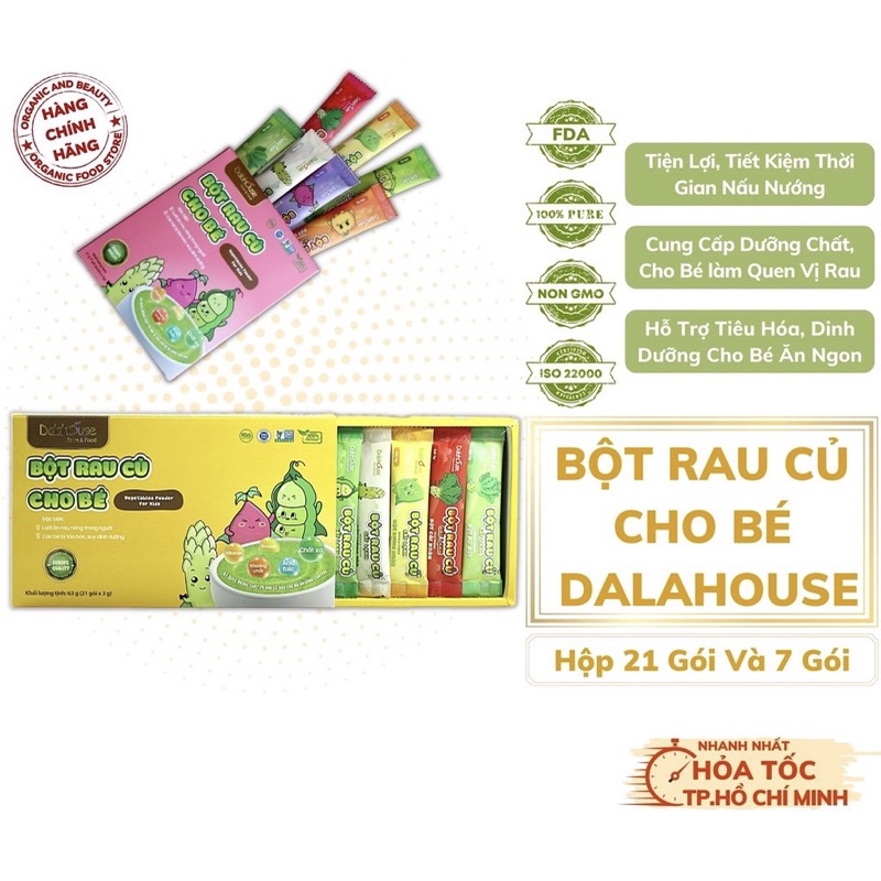 Bột rau củ Dalahouse cho bé ăn dặm vị cải xoăn, bó xôi, chùm ngây, bí đỏ, măng tây, khoai lang, đậu hà lan