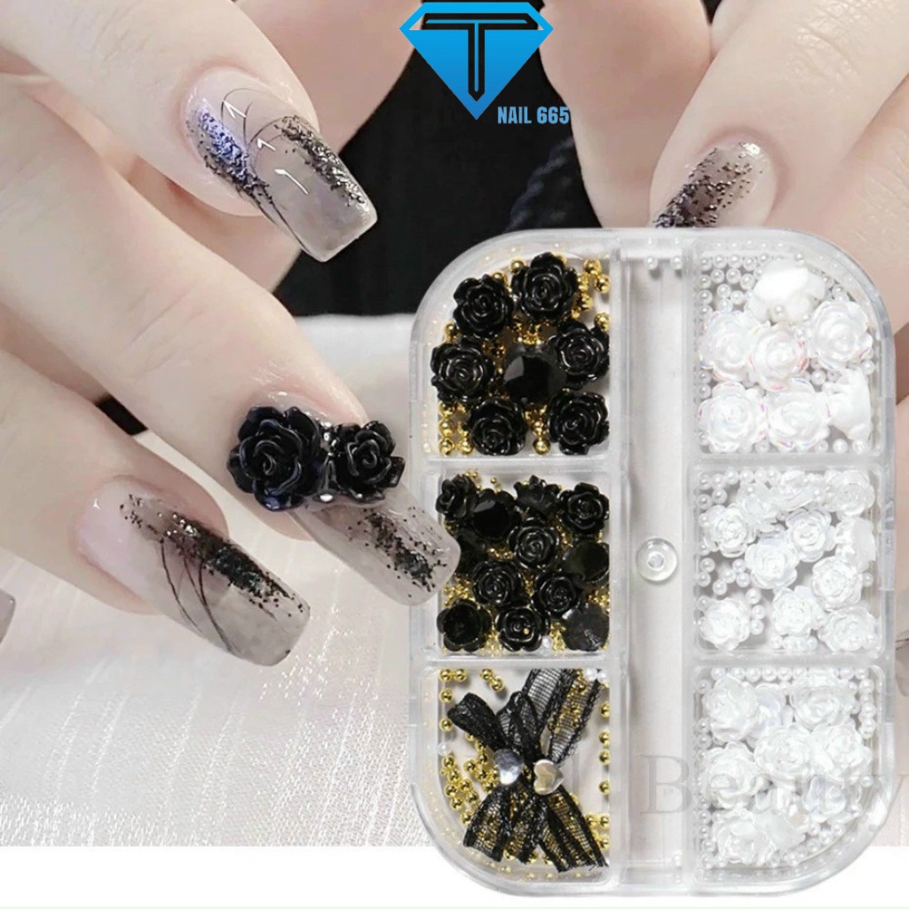 Charm Hoa Hồng Đen Trắng kèm Nơ ,Khay Charm hoa nơ ẩn gel móng tay nail