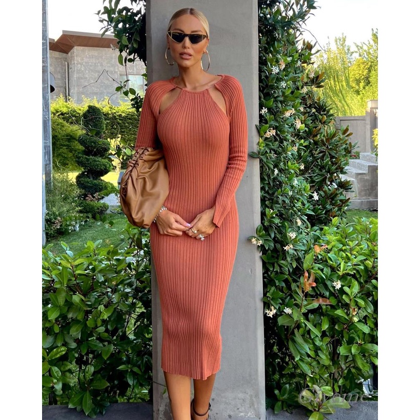 Đầm Dệt Kim Dài Tay Cổ Tròn Màu Trơn Thời Trang Nữ Tính