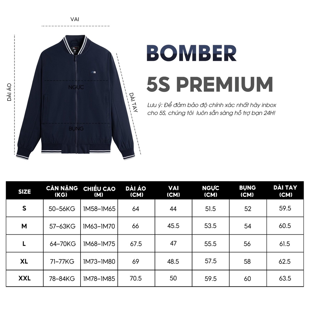 Áo Khoác Bomber Nam 5S Trượt Nước, Cản Gió, Thiết Kế Basic, Năng Động