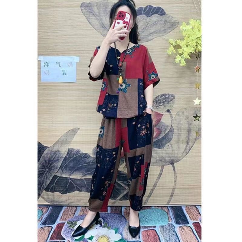 Set Áo Thun Ngắn Tay In Họa Tiết + Quần Dài Phong Cách Retro Thời Trang Cho Nữ