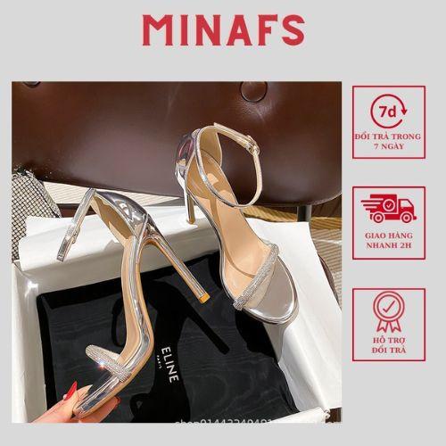 Sandal Cao Gót Nữ MINAFS Quai Ngang Đính Đá Lấp Lánh Gót Nhọn Cao 9cm Da Bóng Bít Gót Khoá Cài Màu Vàng Bạc - CGDD9p1