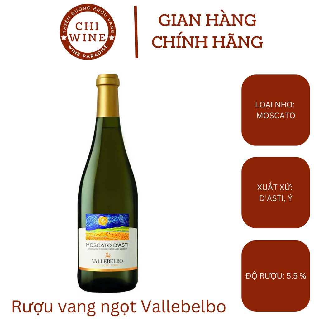 Rượu vang trắng ngọt Ý Moscato D asti Vallebelbo 5.5% chai 750