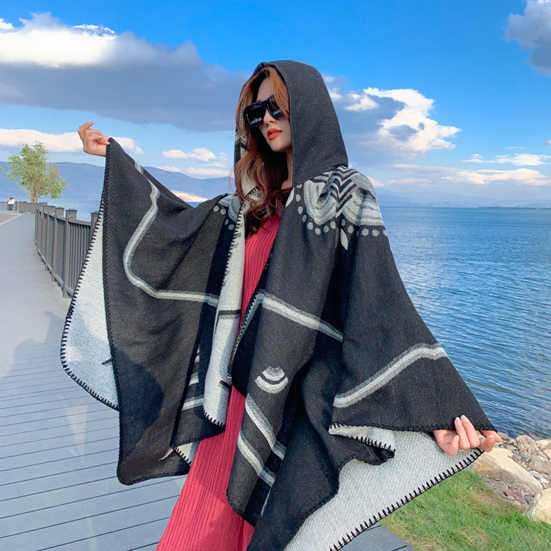 Khăn Choàng Cổ Hai Mặt Giả Cashmere Họa Tiết Hình Học Tua Rua Phong Cách Dân Tộc Nổi Tiếng Dành Cho Bạn Nữ Khi Đi